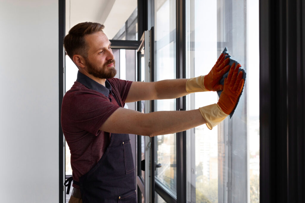 Man wiping down newly installed windows