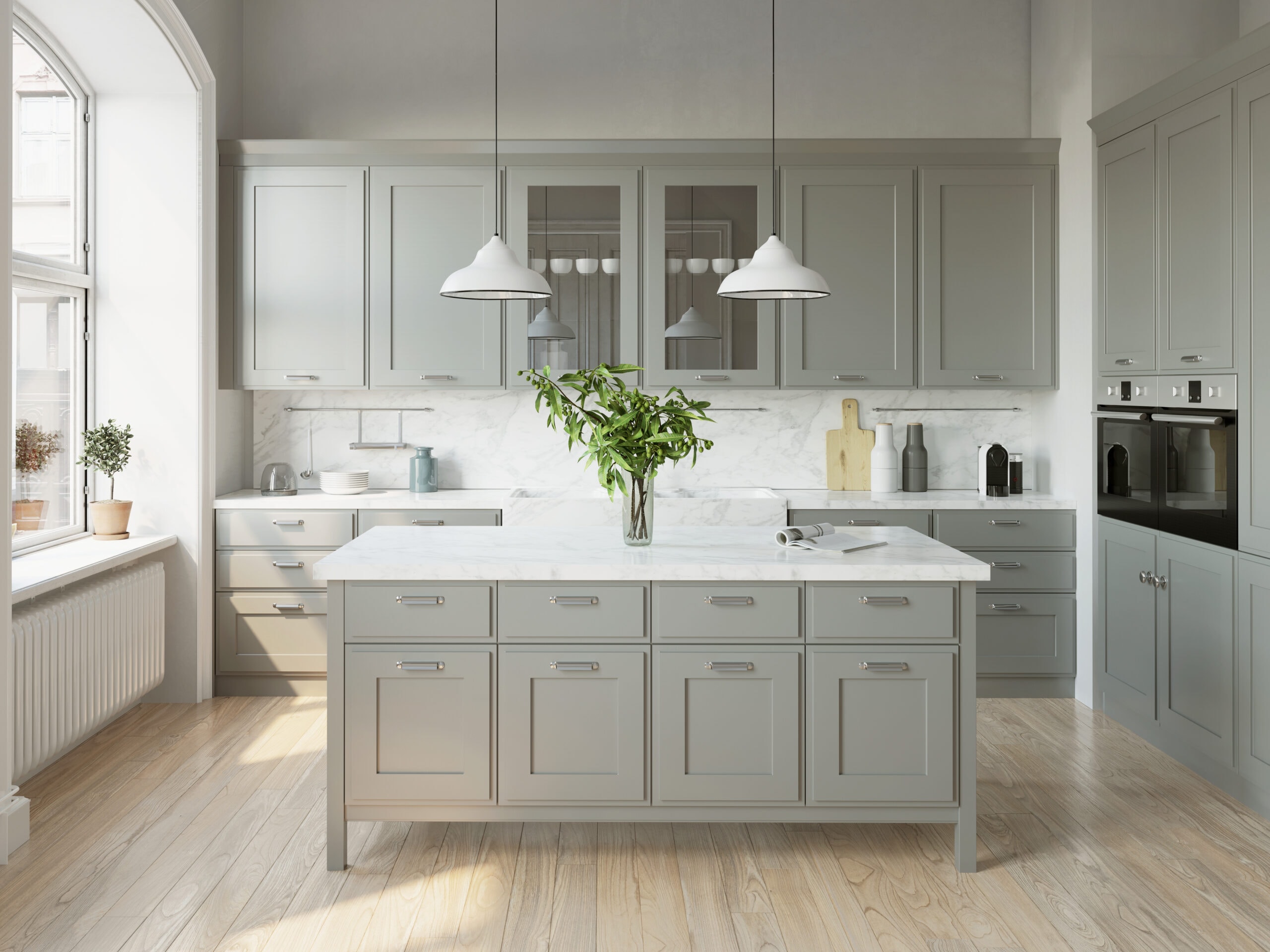 grey cabinets with white marble laminate countertops
